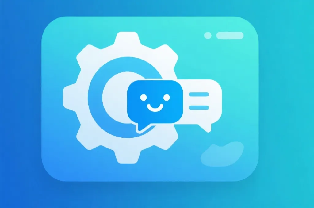 Stylized vector graphic representing digital technical support with chat and gear icons