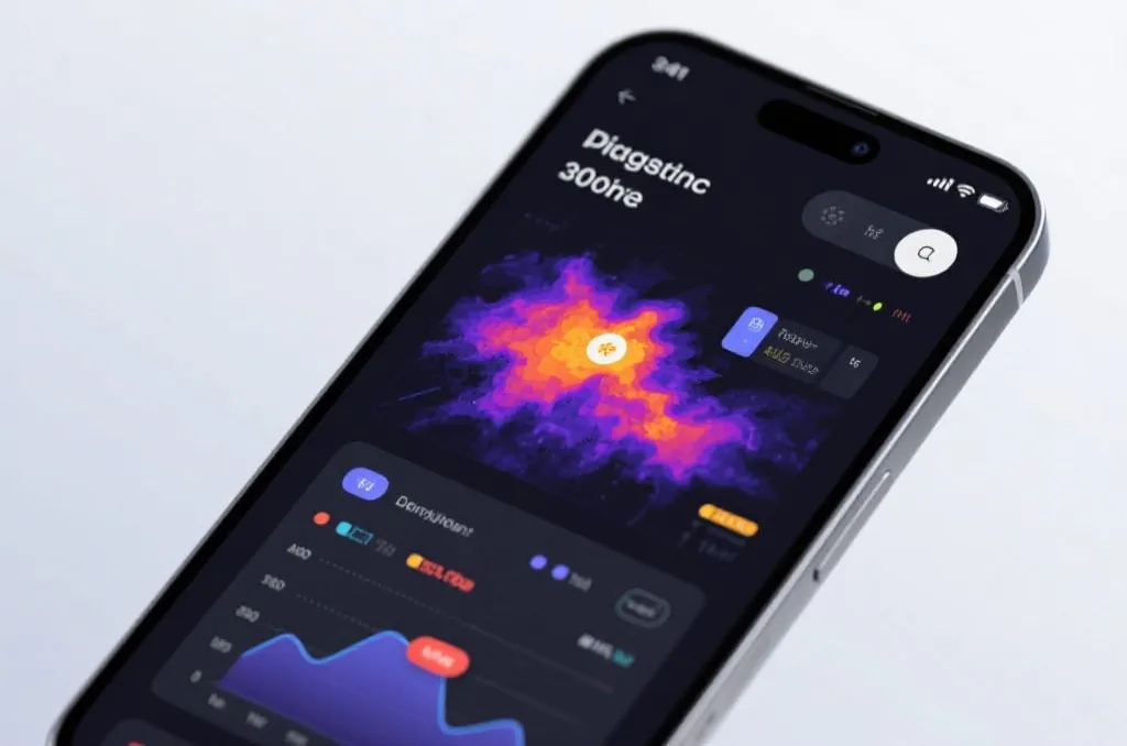 An abstract sports data visualization dashboard showing heatmaps and charts on a mobile screen, clean interface